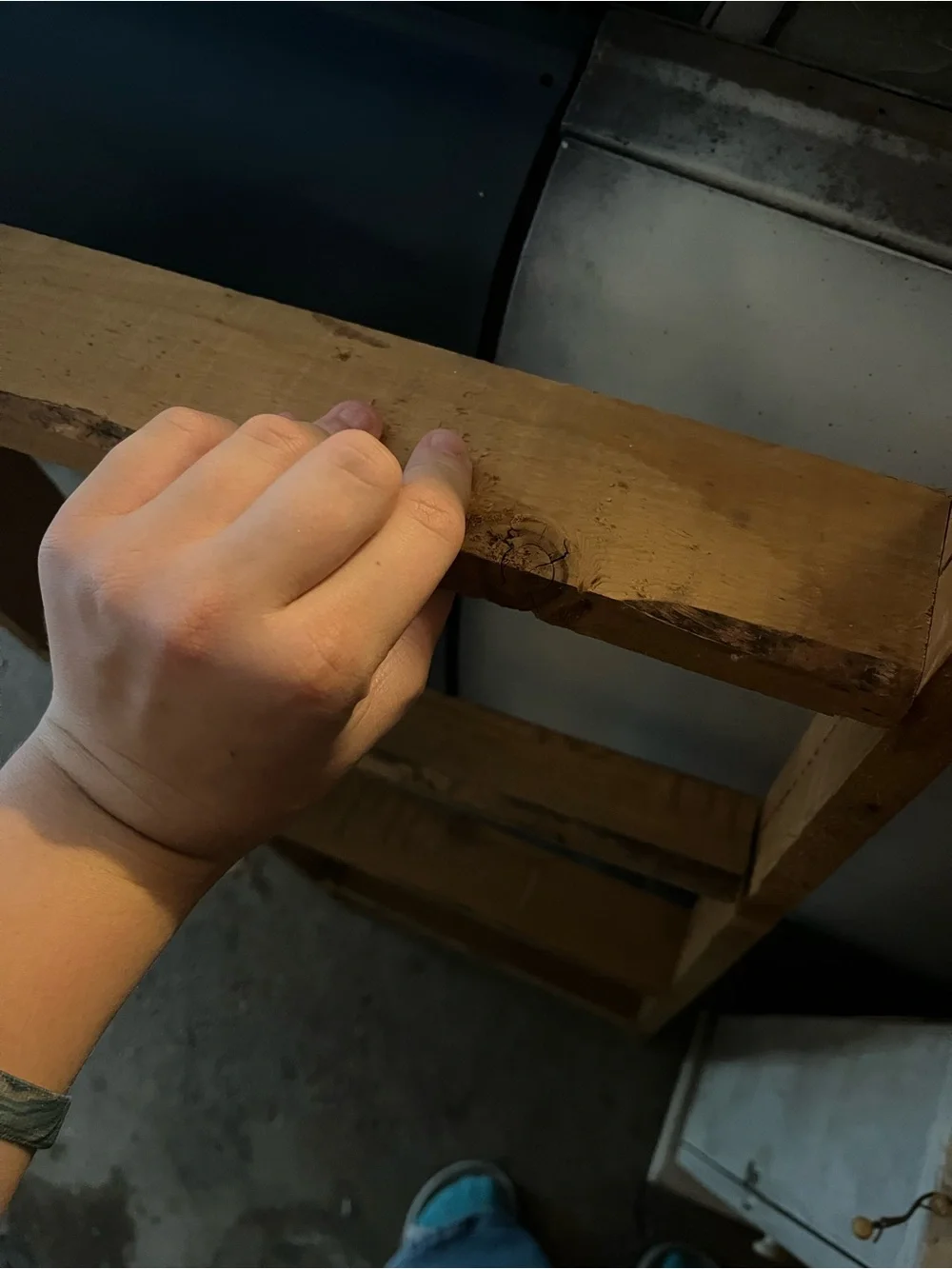 Handcrafted Wooden Wall Ladder Shelf in Natural Brown. A little wobbly
